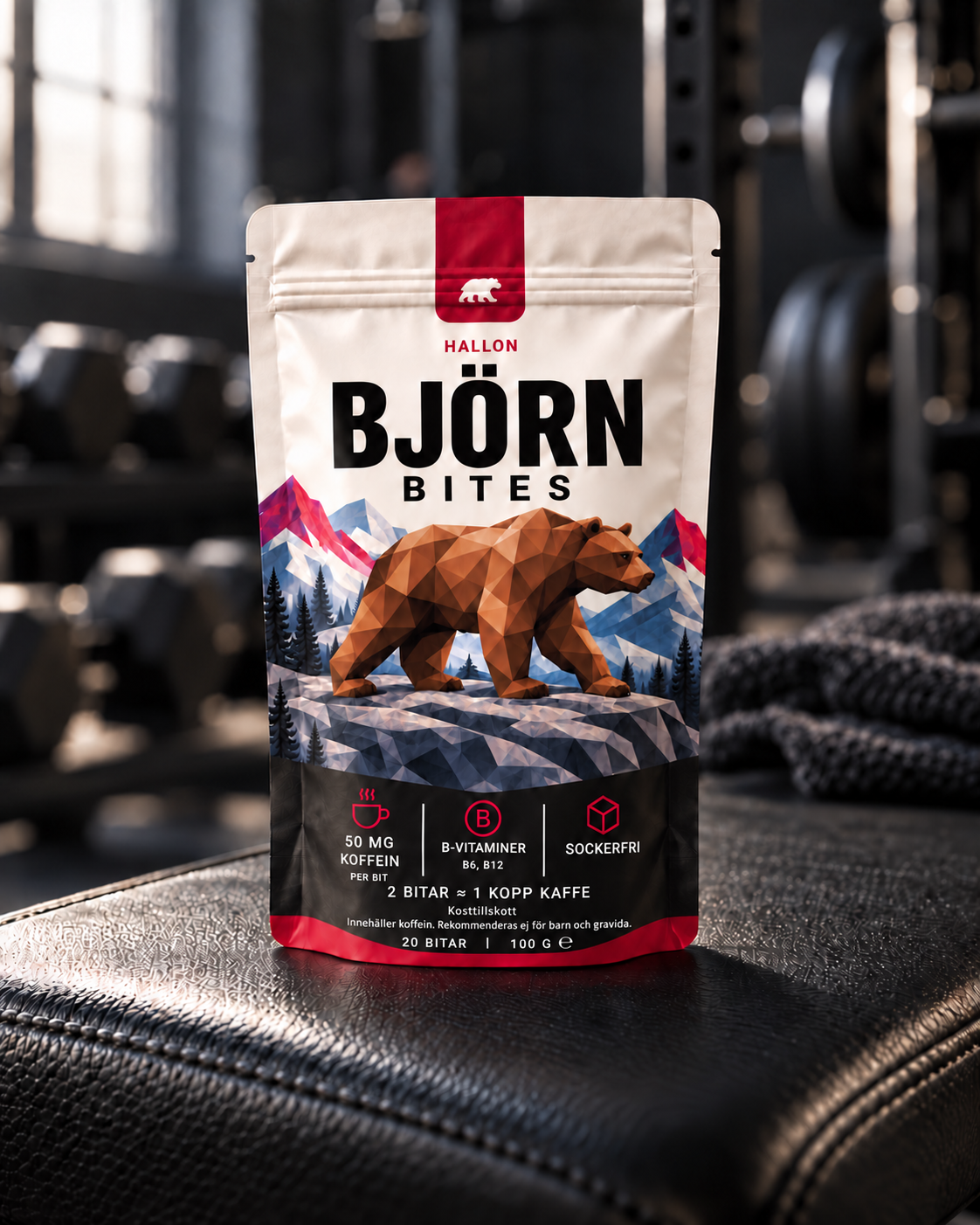 Björn Bites Hallon på en träningsbänk